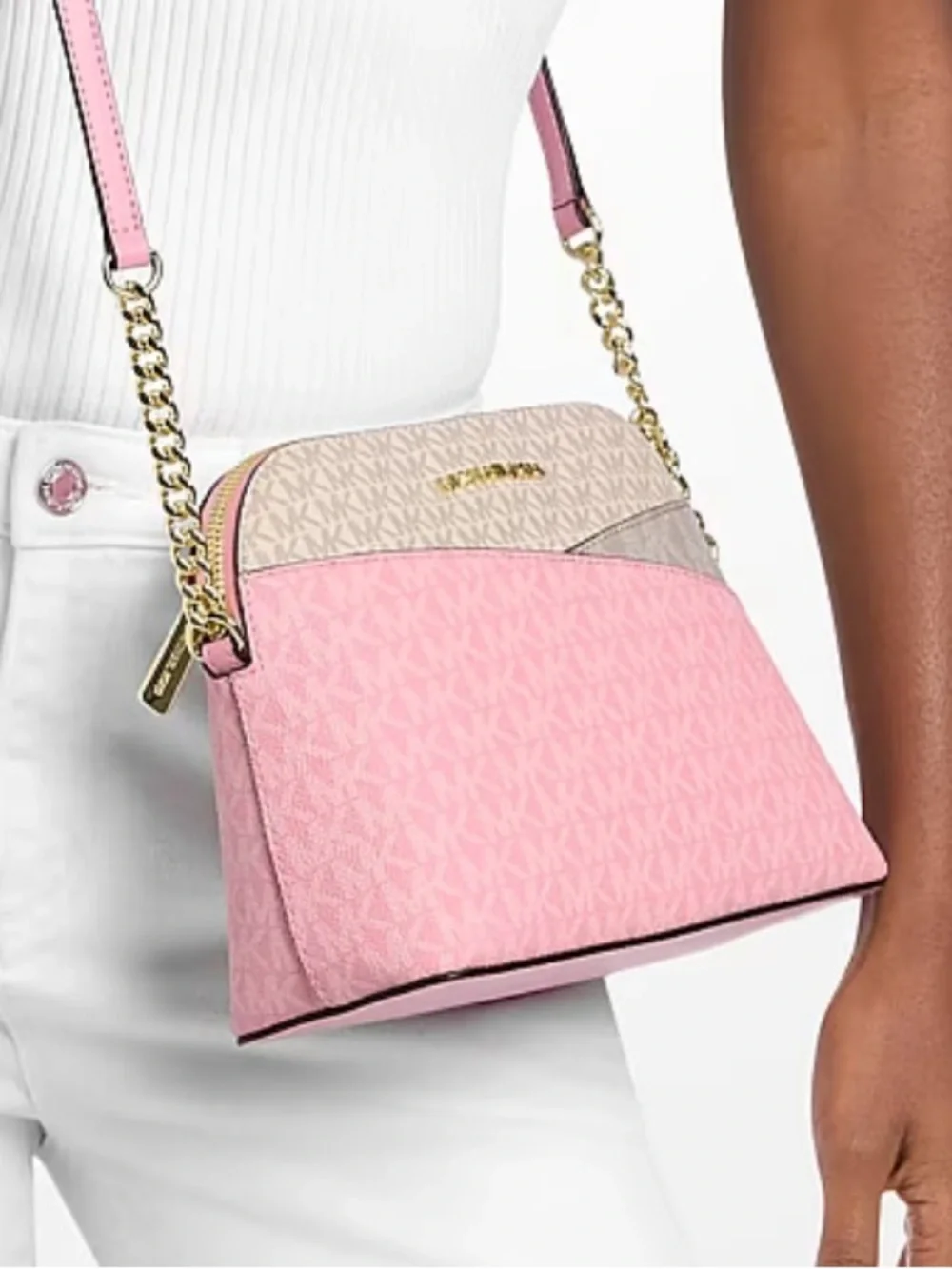 Michael Kors Pink and Beige Colorblock Signature Crossbody